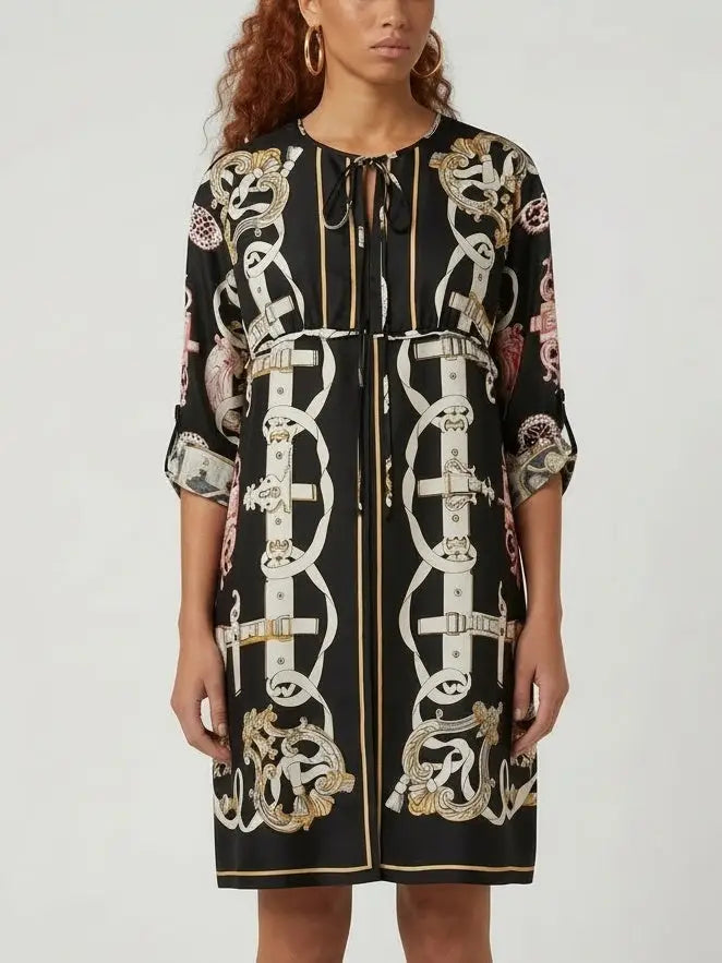 Printed Silk Tie-Neck Mini Dress - Dresses