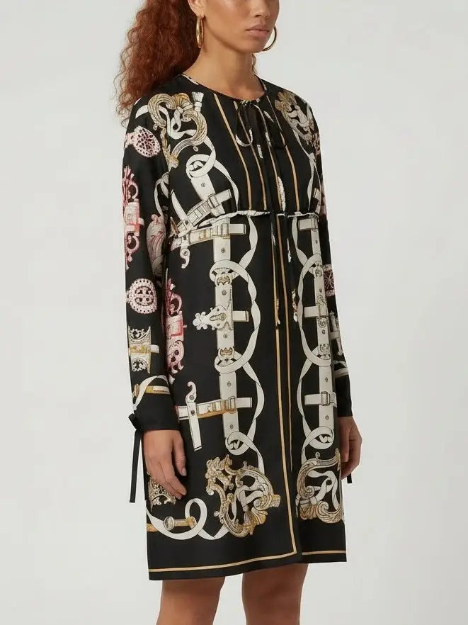 Printed Silk Tie-Neck Mini Dress - Dresses
