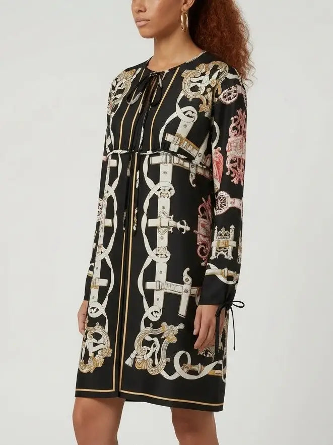 Printed Silk Tie-Neck Mini Dress - Dresses