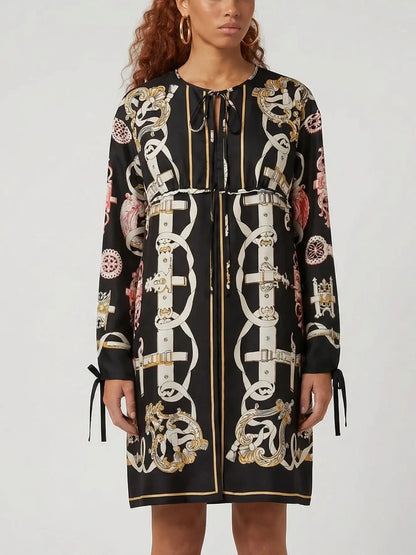 Printed Silk Tie-Neck Mini Dress - S - Dresses