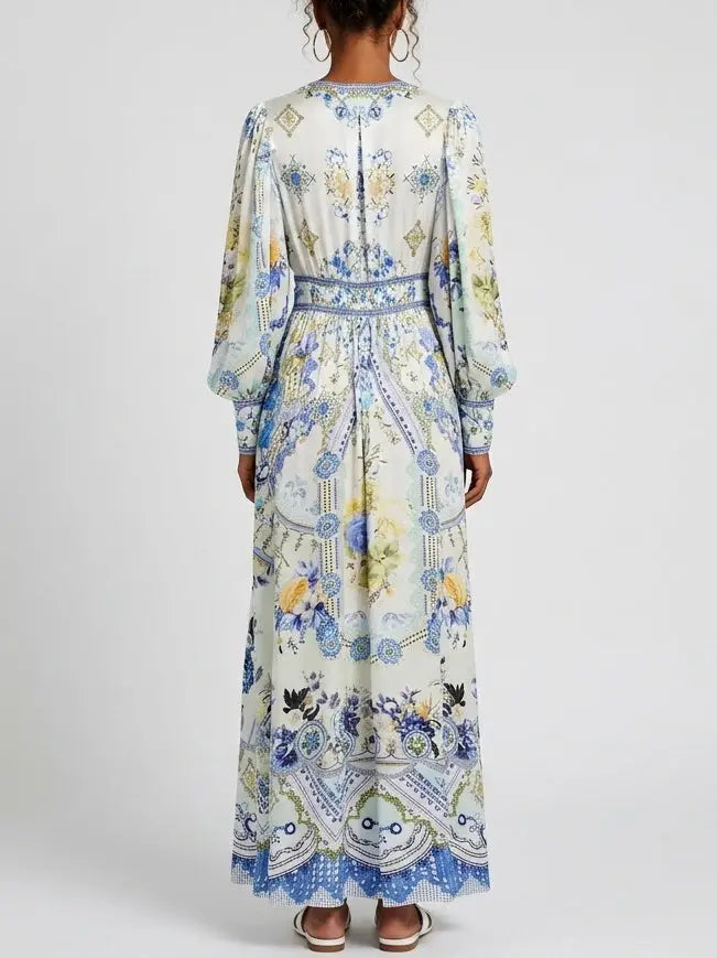 Printed Silk V-Neck Maxi Dress with Blouson Sleeves - Dresses