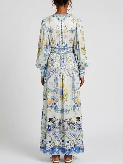 Printed Silk V-Neck Maxi Dress with Blouson Sleeves - Dresses