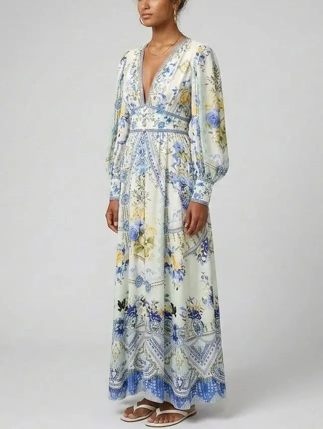 Printed Silk V-Neck Maxi Dress with Blouson Sleeves - Dresses
