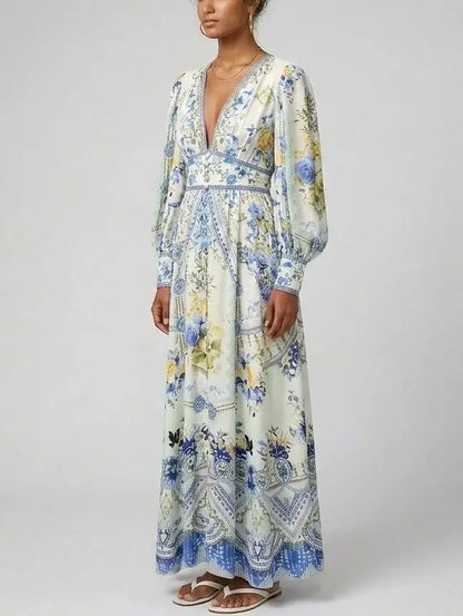 Printed Silk V-Neck Maxi Dress with Blouson Sleeves - Dresses