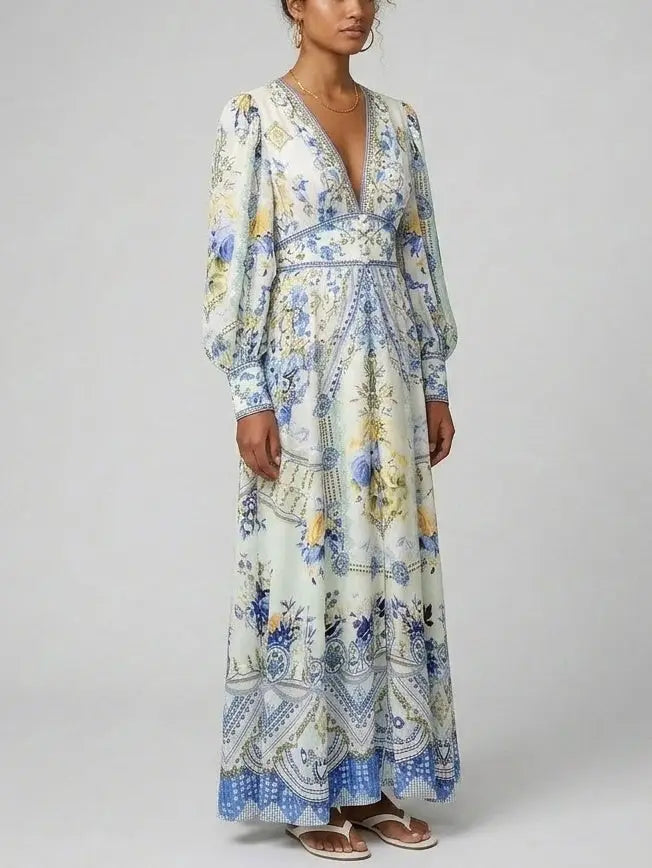 Printed Silk V-Neck Maxi Dress with Blouson Sleeves - Dresses