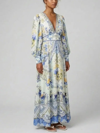 Printed Silk V-Neck Maxi Dress with Blouson Sleeves - Dresses