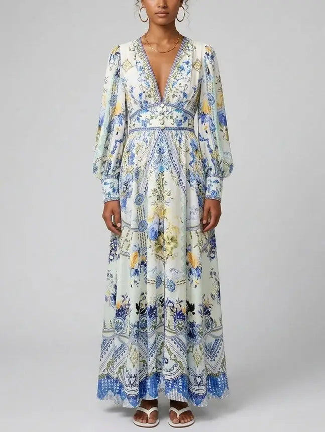 Printed Silk V-Neck Maxi Dress with Blouson Sleeves - Dresses
