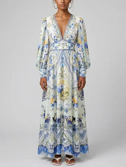 Printed Silk V-Neck Maxi Dress with Blouson Sleeves - Dresses