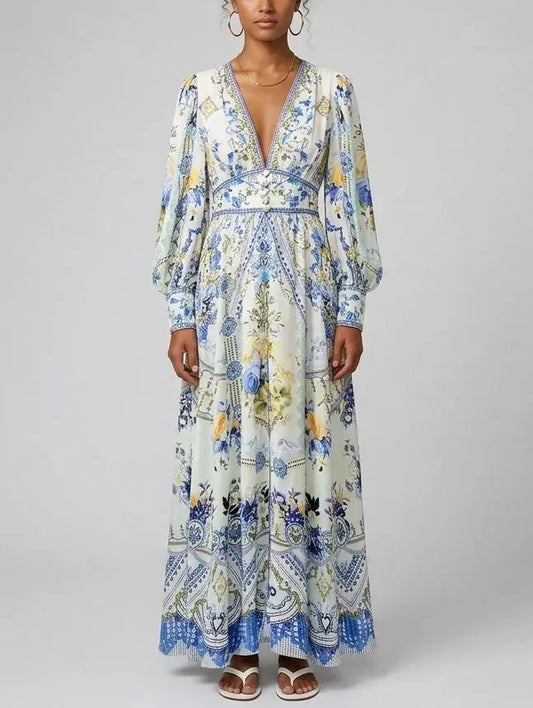 Printed Silk V-Neck Maxi Dress with Blouson Sleeves - Dresses