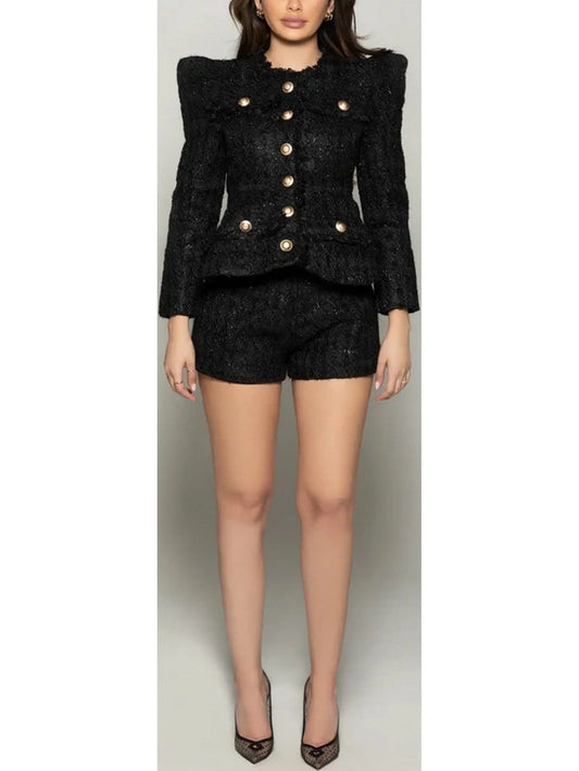 Puff-Shoulder Tweed Jacket and Short Set, Black - Branna Couture