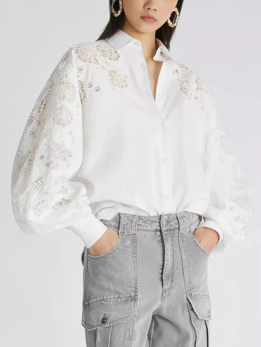 Puff-Sleeve Lace Detailed White Blouse - Branna Couture