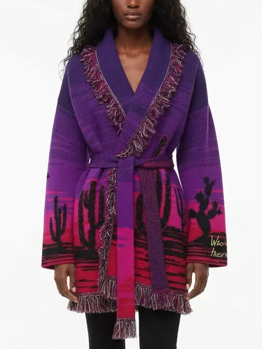 Purple Desert Landscape Belted Knit Cardigan - Small - Sweaters & Knitwear