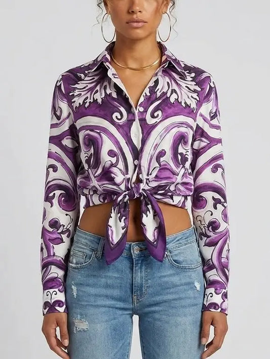 Purple Italian Print Tie-Waist Cotton Shirt - S - Tops