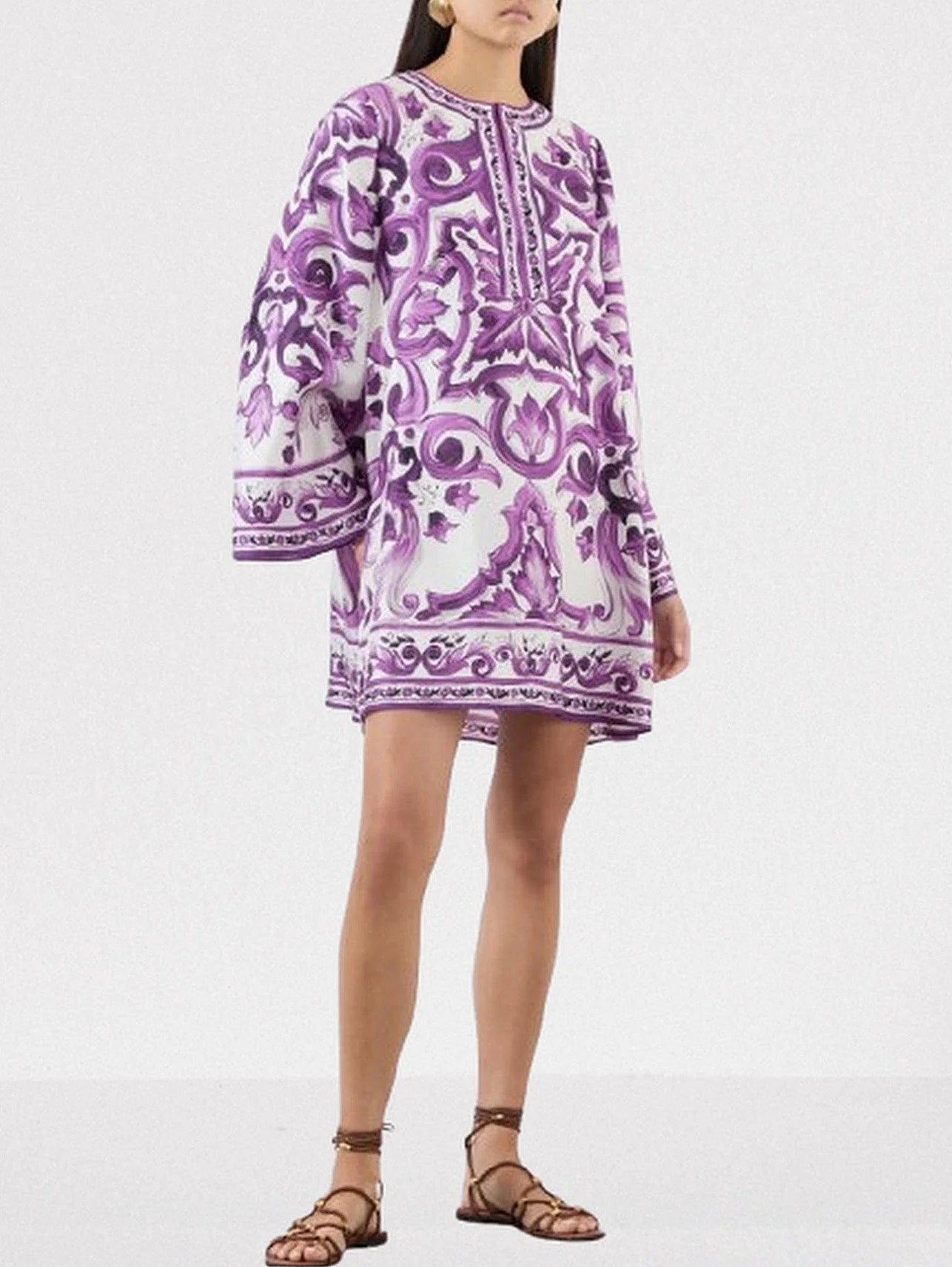 Purple Majolica-Print Short Silk Kaftan Dress - S - Dresses