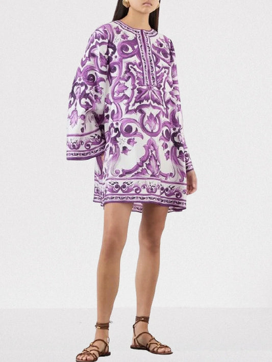 Purple Majolica-Print Short Silk Kaftan Dress - S - Dresses