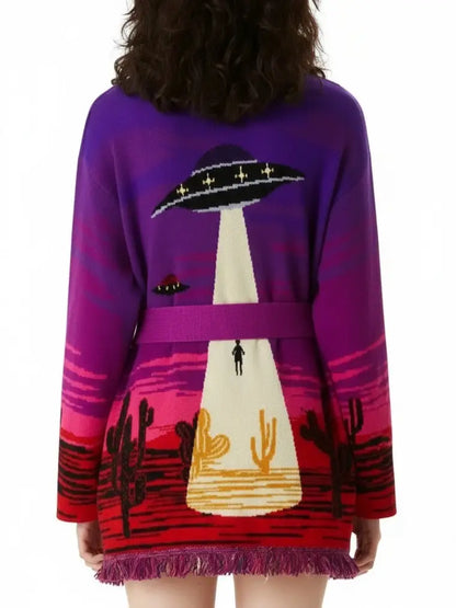Purple Desert Landscape Belted Knit Cardigan - Sweaters & Knitwear