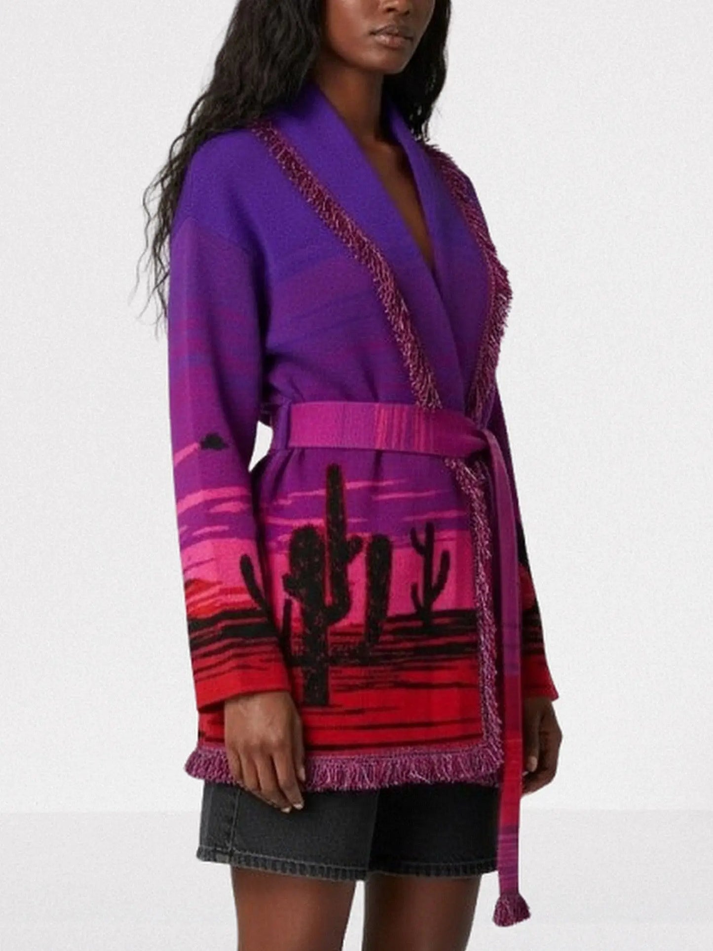 Purple Desert Landscape Belted Knit Cardigan - Sweaters & Knitwear