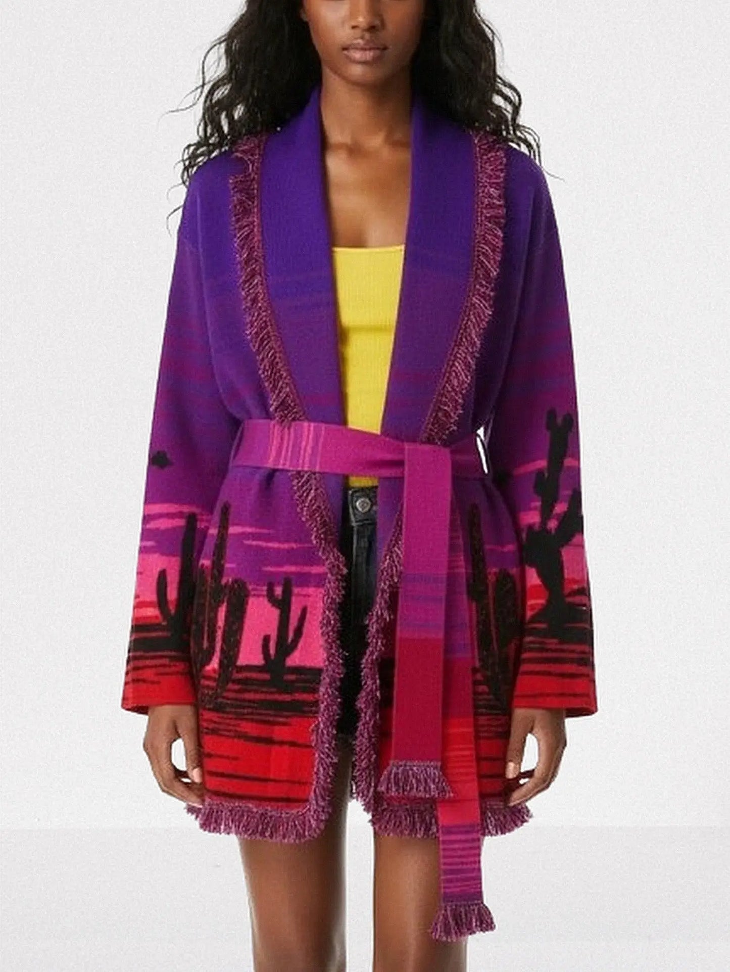Purple Desert Landscape Belted Knit Cardigan - Sweaters & Knitwear
