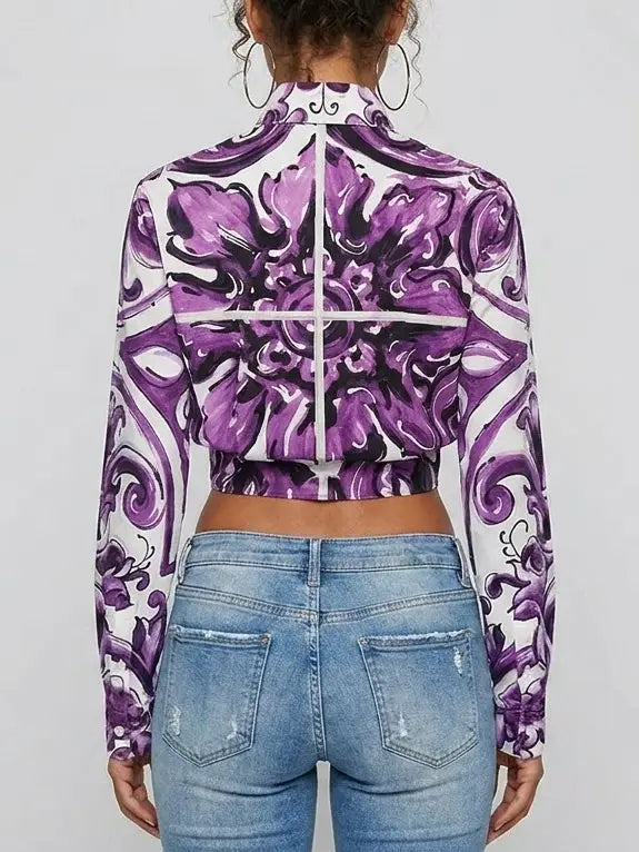 Purple Italian Print Tie-Waist Cotton Shirt - Tops