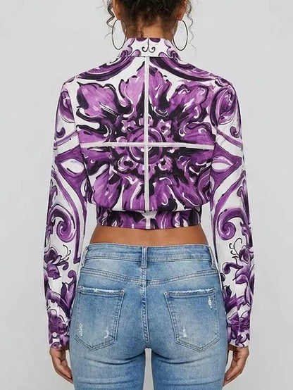 Purple Italian Print Tie-Waist Cotton Shirt - Tops