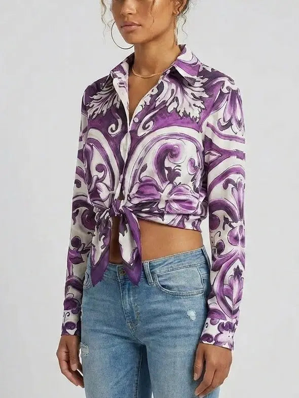 Purple Italian Print Tie-Waist Cotton Shirt - Tops