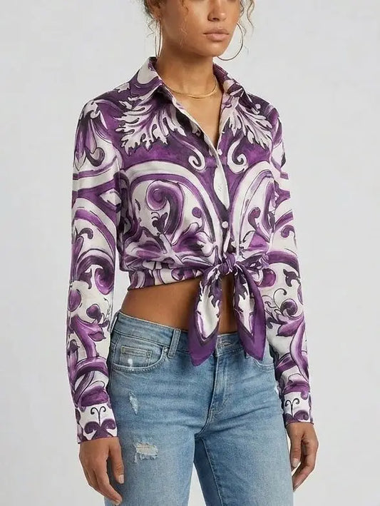 Purple Italian Print Tie-Waist Cotton Shirt - Tops
