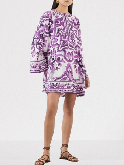 Purple Majolica-Print Short Silk Kaftan Dress - Dresses