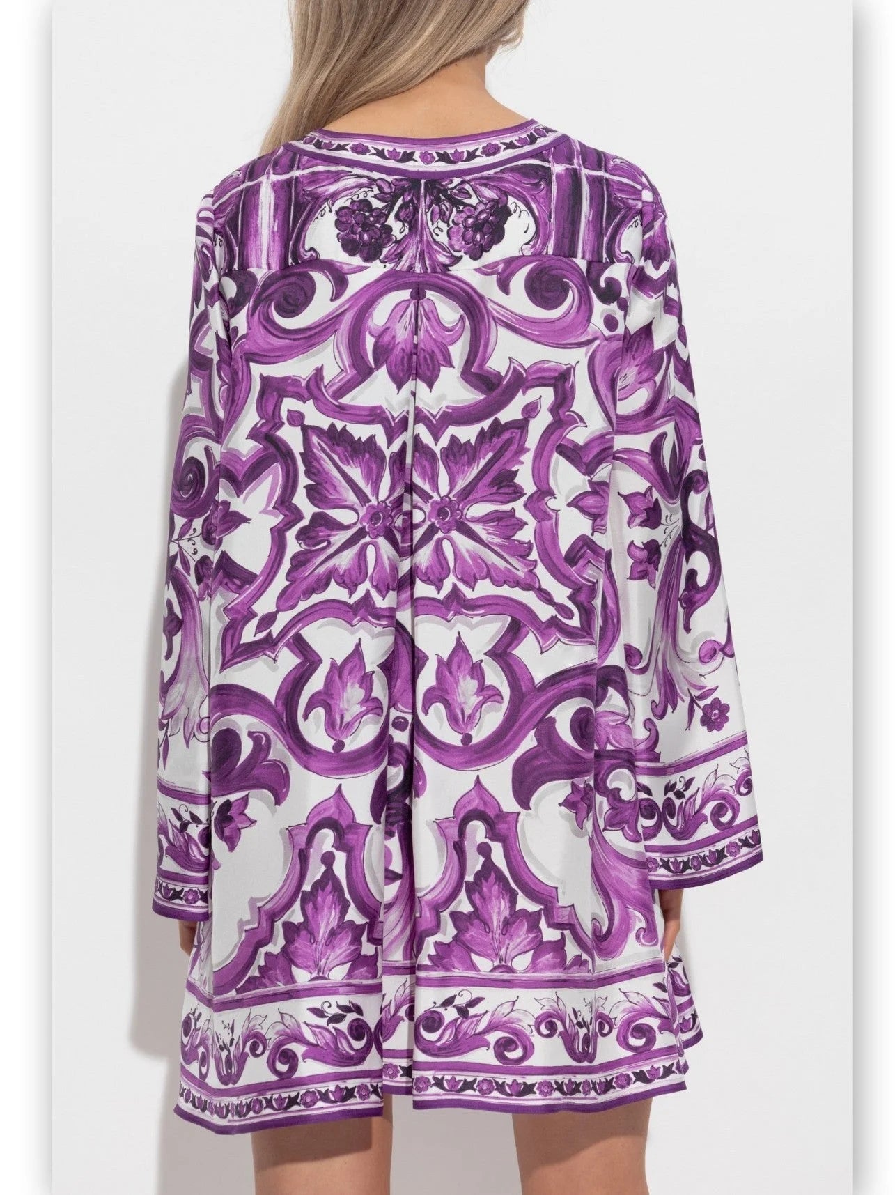 Purple Majolica-Print Short Silk Kaftan Dress - Dresses