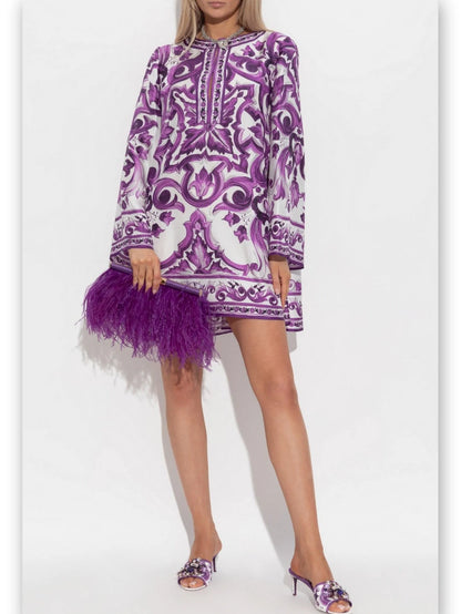 Purple Majolica-Print Short Silk Kaftan Dress - Dresses