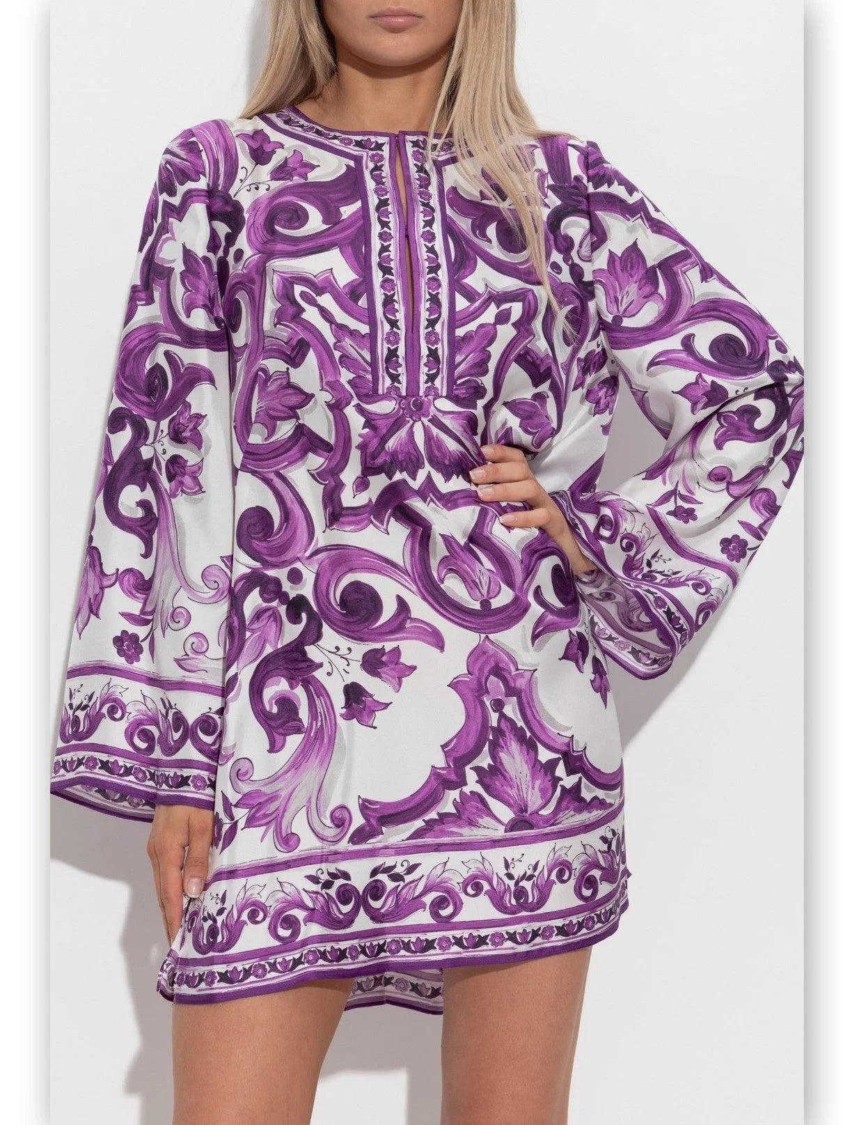 Purple Majolica-Print Short Silk Kaftan Dress - Dresses