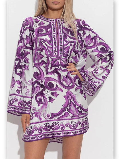 Purple Majolica-Print Short Silk Kaftan Dress - Dresses