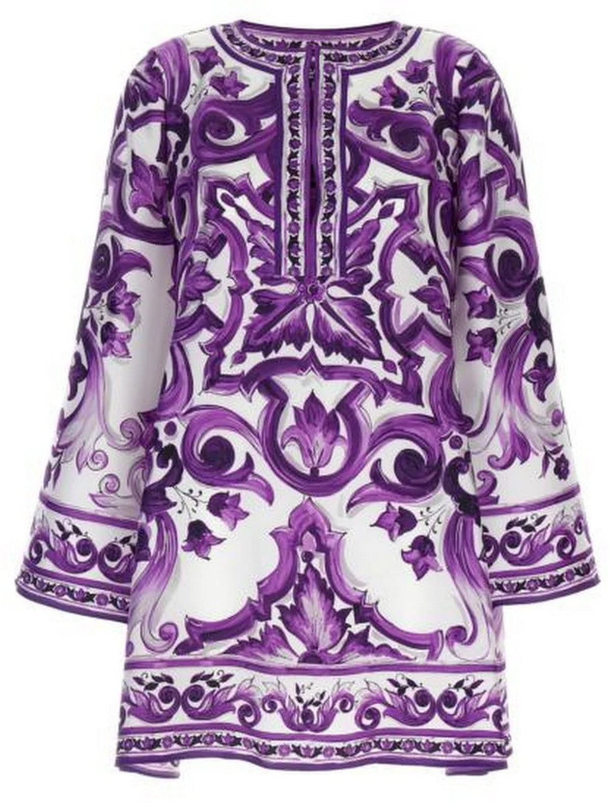 Purple Majolica-Print Short Silk Kaftan Dress - Dresses