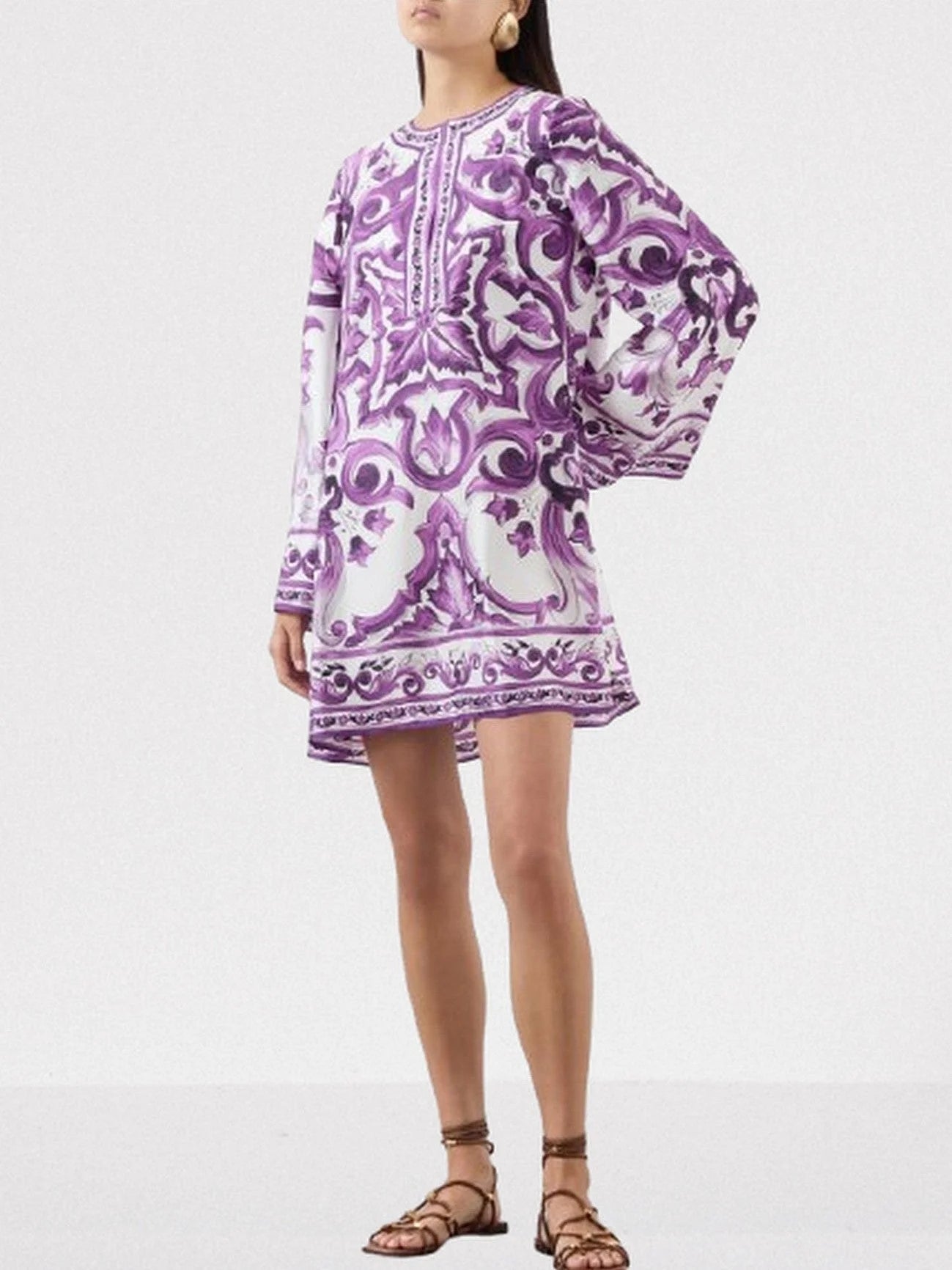 Purple Majolica-Print Short Silk Kaftan Dress - Dresses