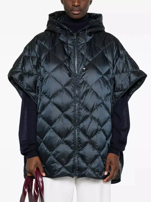 Quilted Down Sleeveless Hooded Jacket in Navy Blue - Branna Couture