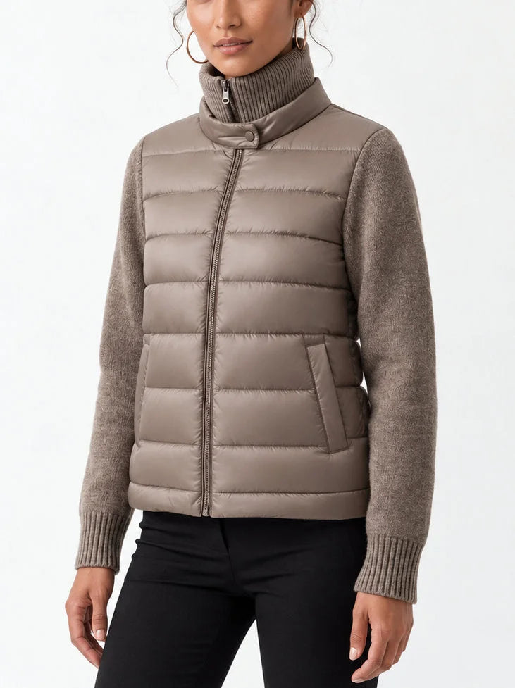 Drawstring-Waist Puffer Down Jacket with Partial Knit Collar - Jackets