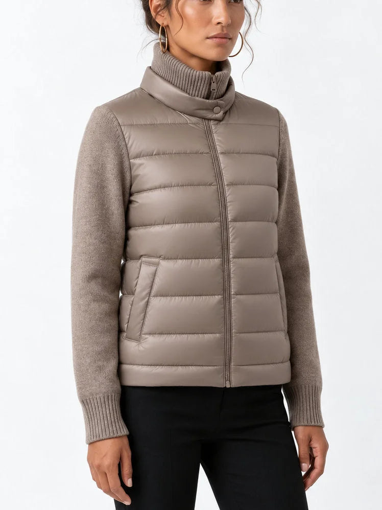Drawstring-Waist Puffer Down Jacket with Partial Knit Collar - Jackets