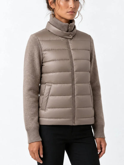 Drawstring-Waist Puffer Down Jacket with Partial Knit Collar - Jackets