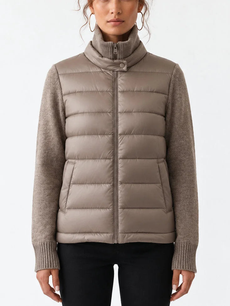 Drawstring-Waist Puffer Down Jacket with Partial Knit Collar - Jackets