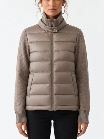 Drawstring-Waist Puffer Down Jacket with Partial Knit Collar - Jackets