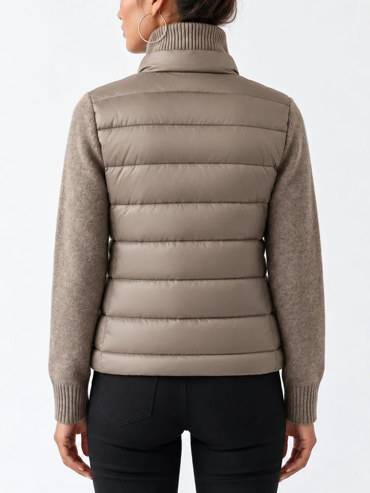 Drawstring-Waist Puffer Down Jacket with Partial Knit Collar - Jackets