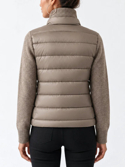 Drawstring-Waist Puffer Down Jacket with Partial Knit Collar - Jackets