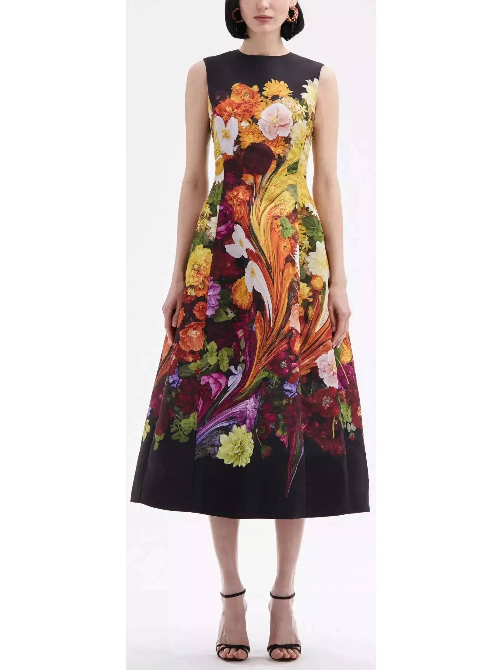 Rainbow Flower Marble Print Faille Midi Dress - Branna Couture