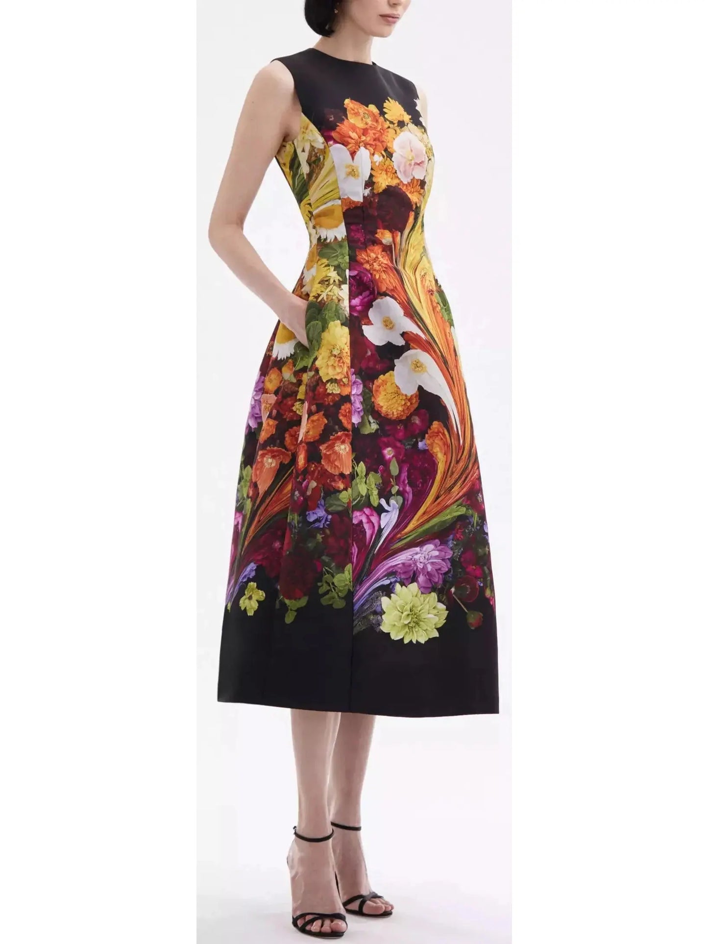 Rainbow Flower Marble Print Faille Midi Dress - Branna Couture