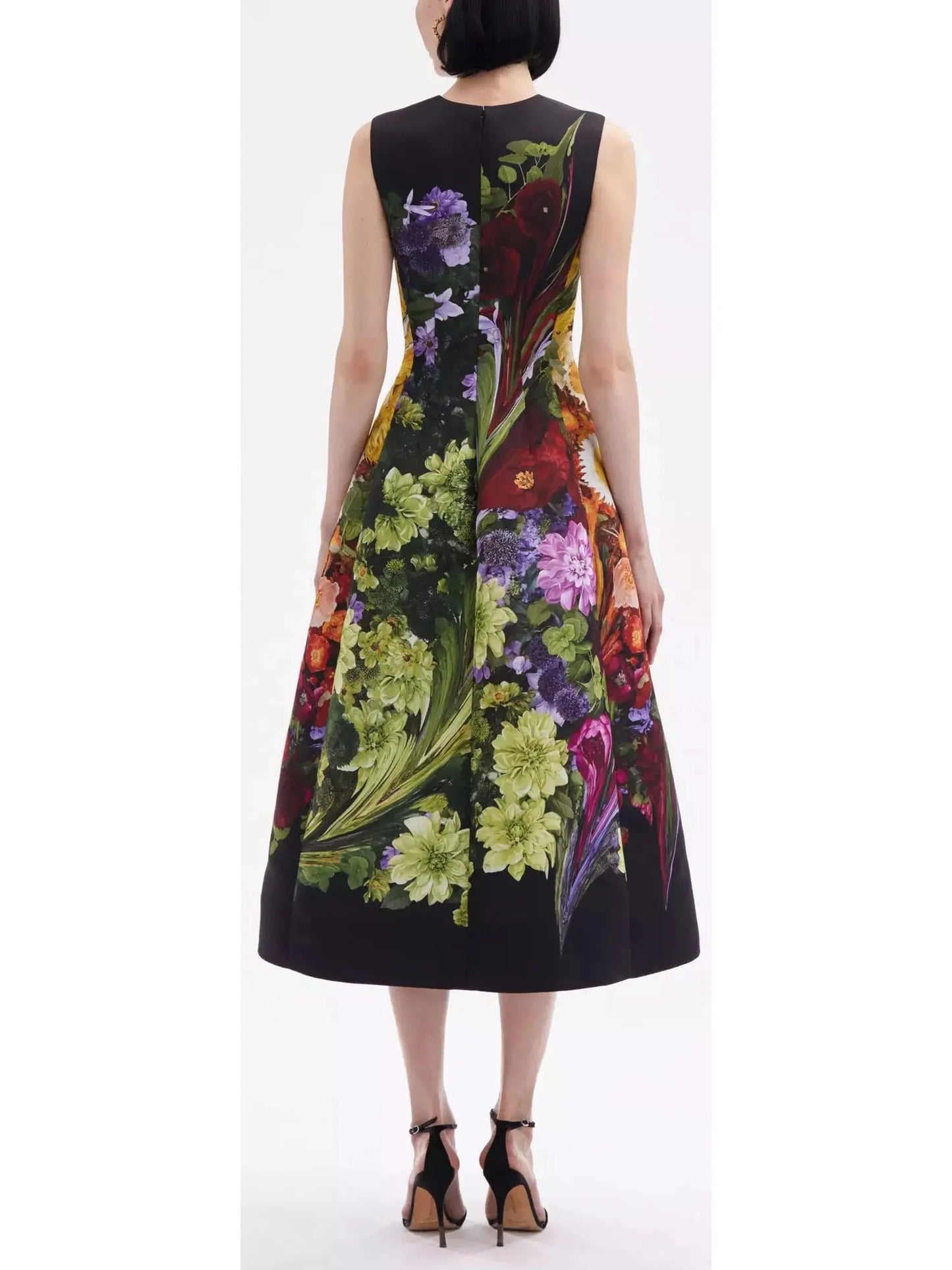 Rainbow Flower Marble Print Faille Midi Dress - Branna Couture