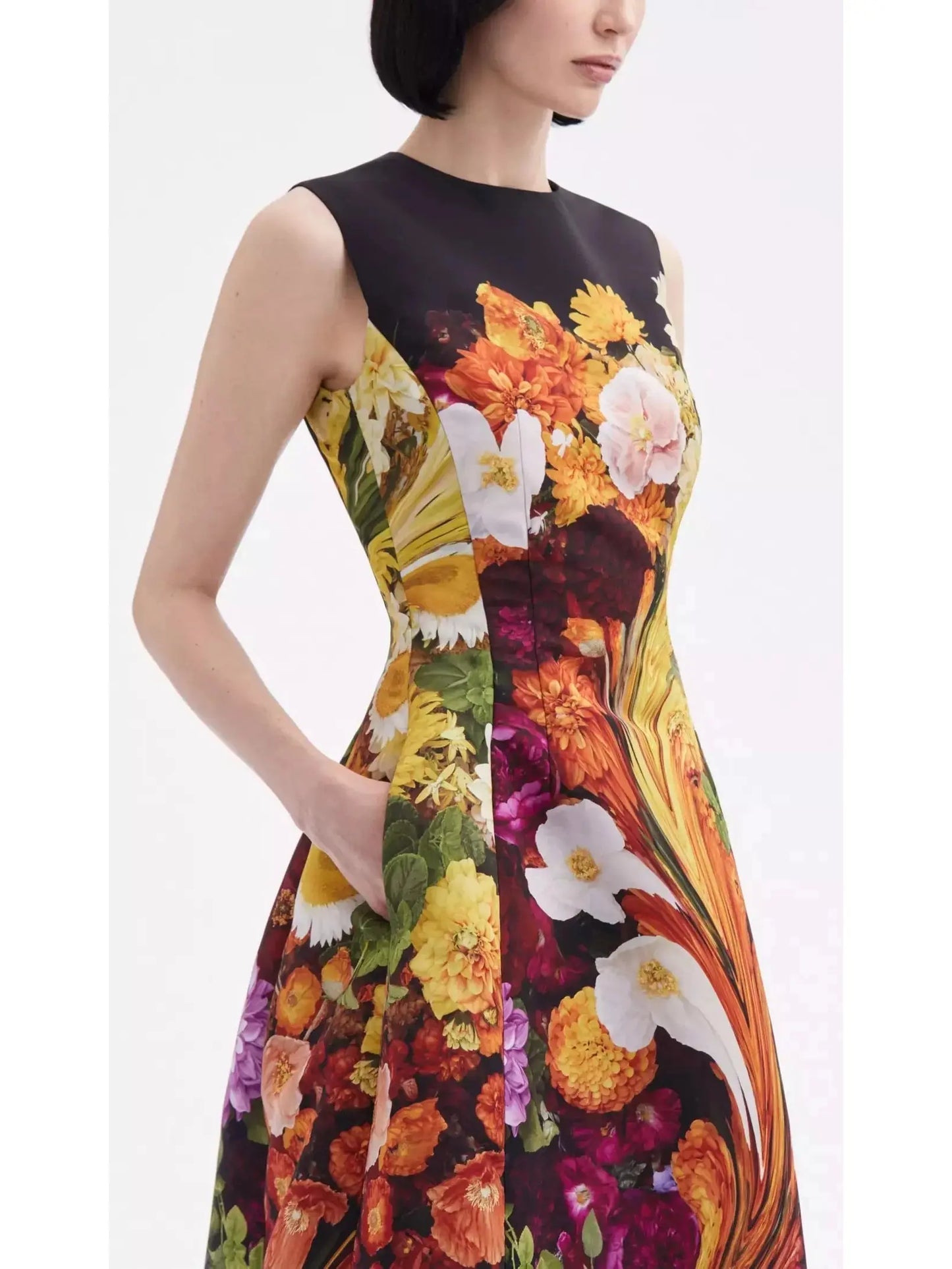 Rainbow Flower Marble Print Faille Midi Dress - Branna Couture