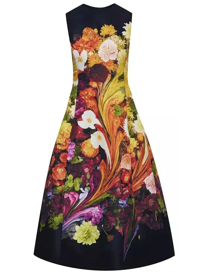 Rainbow Flower Marble Print Faille Midi Dress - Branna Couture