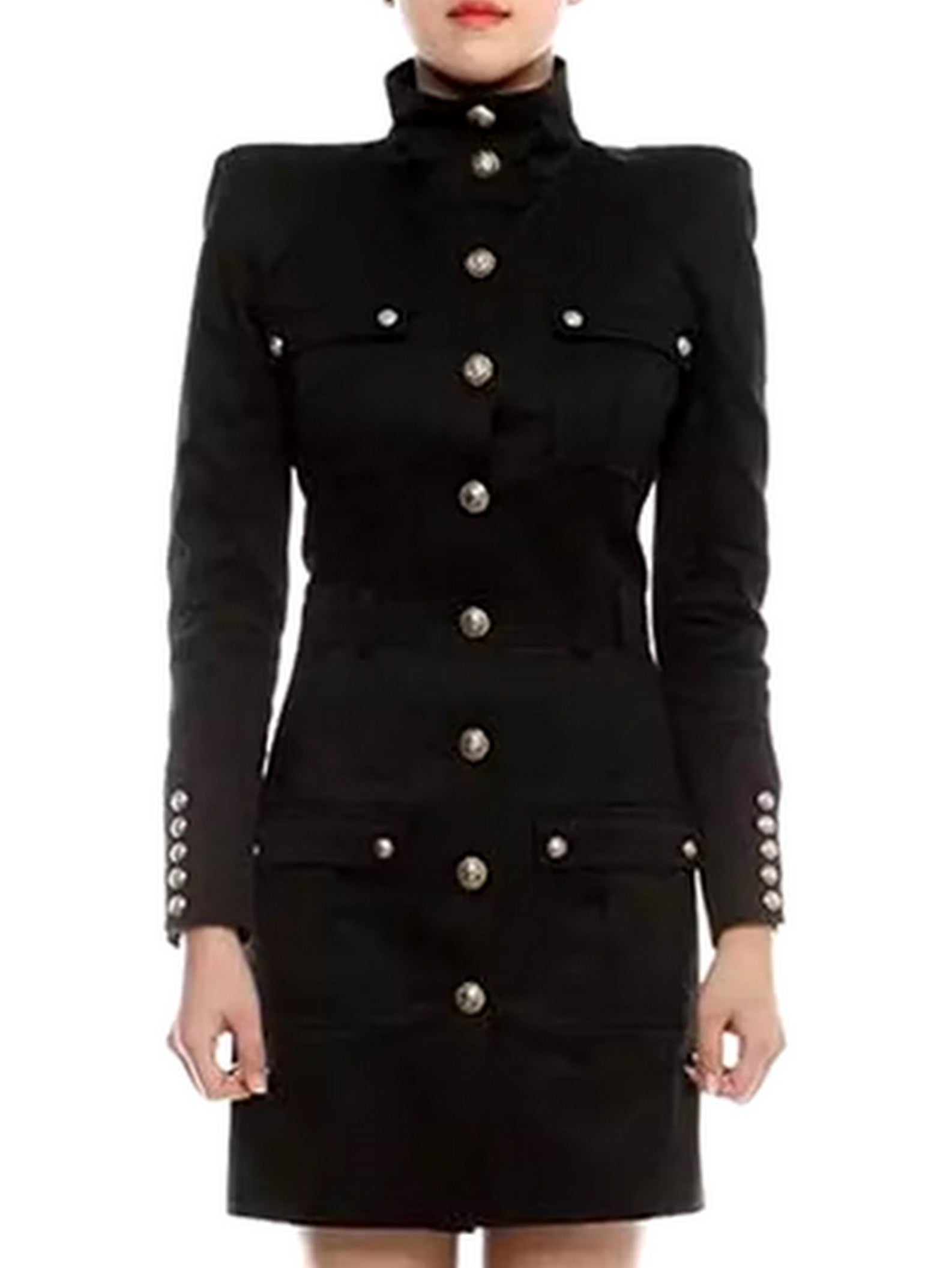 Military Style Button-Embellished Mock-Neck Mini Dress Branna Couture