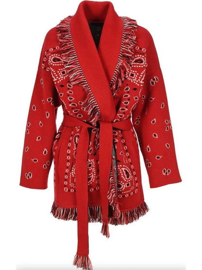 Red Bandana Jacquard Long Cardigan - Branna Couture