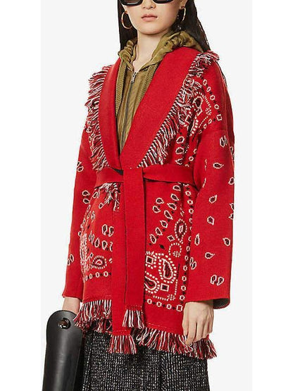 Red Bandana Jacquard Long Cardigan - Branna Couture