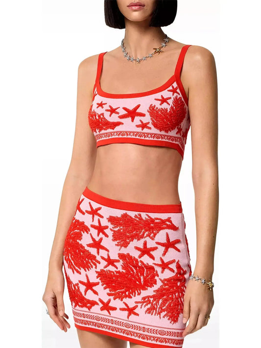 Red Barocco Sea Knit Crop Top  - Branna Couture